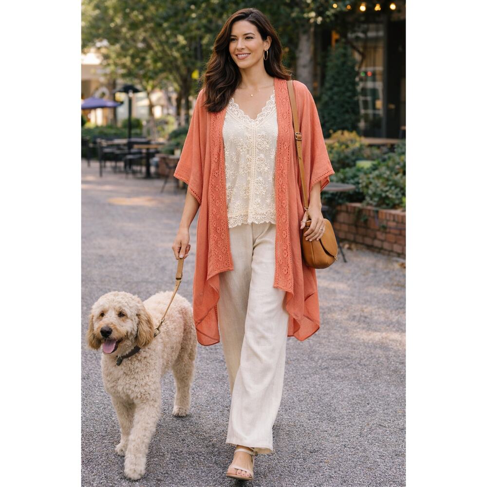 Coco+Carmen Kiara Lightweight Open Front Kimono Wrap Crochet Lace Trim One Size